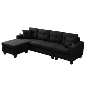 Sofá con Chaise y Porta Vasos - Chicago - Negro