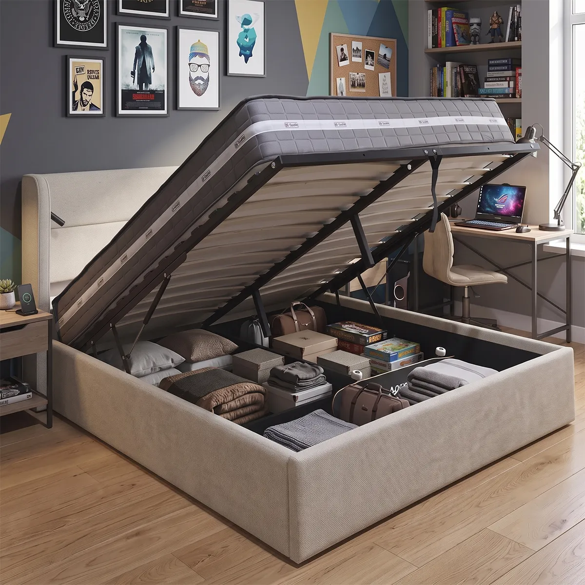 Set Cama Baul Maya 1 plaza y media + Colchon Carbono